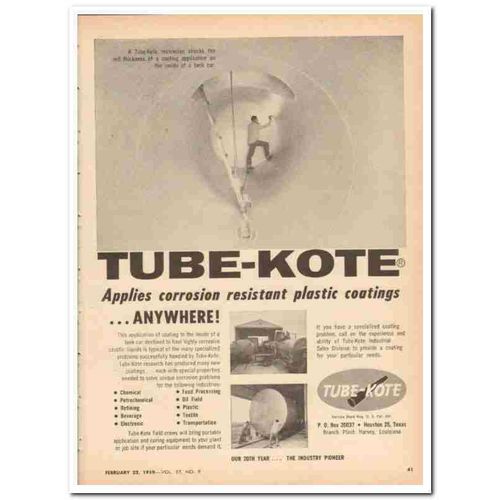 TUBE-KOTE INC 1959 corrosion resistant plastic coating oil vintage ad