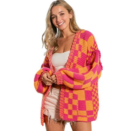 Multicolor Open Front Mixed Checkered Pattern Knit Cardigan