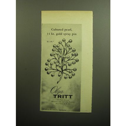 1958 Olga Tritt Jewelry Ad - Cultured pearl, 14 kt. gold spray pin