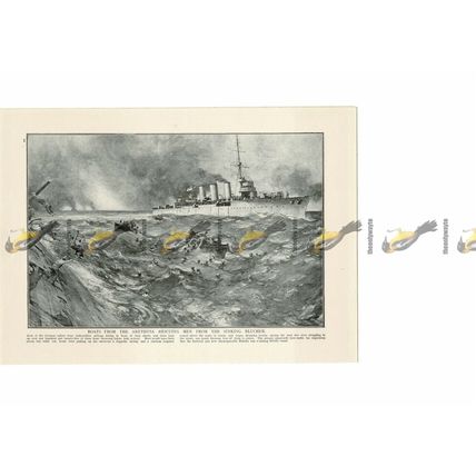 Arethusa Boats Rescuing Men from Sinking Blucher, WW1, Book Illustration (Print)