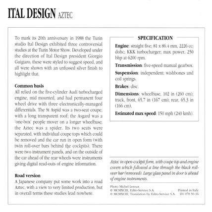 Collectors Club card. Classic Cars. Ital Design Aztec
