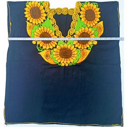 Sunflowers Embroidered Cotton Canvas Dark Navy Blue Blouse Chiapas Mexico