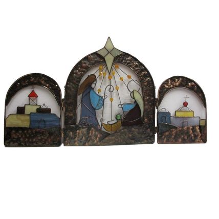 Stained Glass Hinged Nativity Set Sun Catcher 3 Piece Christmas Scene
