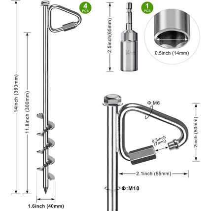 14" Ground Anchors with Chrome-Plated, Heavy-Duty for Trampolines, Tents, Mobile