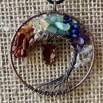 7 Chakra Stone Crystal Tree of Life Wire Wrapped Pendant Necklace w Copper Owl
