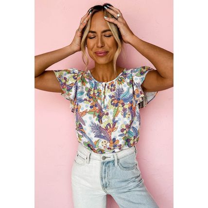 Sky Blue Floral Buttoned Round Neck Ruffled Sleeve Blouse