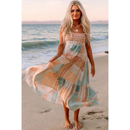 Multicolor Boho Patchwork Print Square Neck Sundress