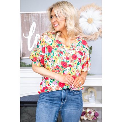 Red Floral Print Ruffled Short Sleeve V Neck Blouse