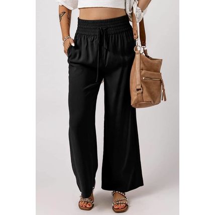 Black Drawstring Elastic Waist Casual Wide Leg Pants