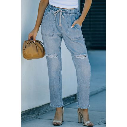 Sky Blue Gather Round Distressed Pocketed Denim Jogger