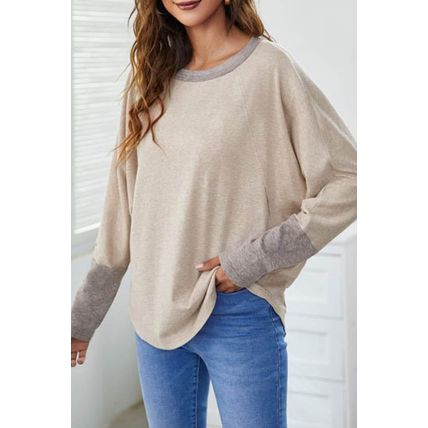 Khaki Contrast Cuffs Batwing Sleeve Loose Top