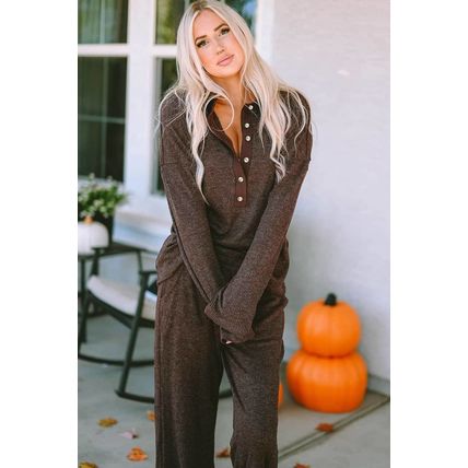 Brown Ribbed Knit Collared Henley Top and Pants Lounge Outfit