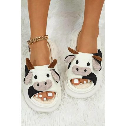 Bright White Cute Cow Pattern Open Toe Slippers