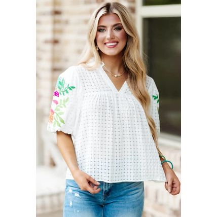 White Floral Embroidered Puff Sleeve Notched Neck Blouse
