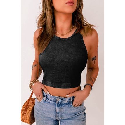 Black Ribbed Mineral Wash Racerback Cropped Tank Top