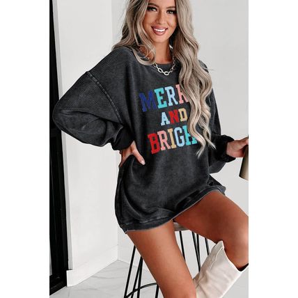 Black MERRY AND BRIGHT Embroidered Corded Sweatshirt