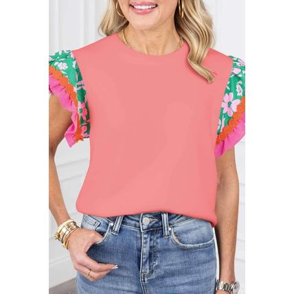 Peach Blossom Contrast Ricrac Floral Sleeve Top