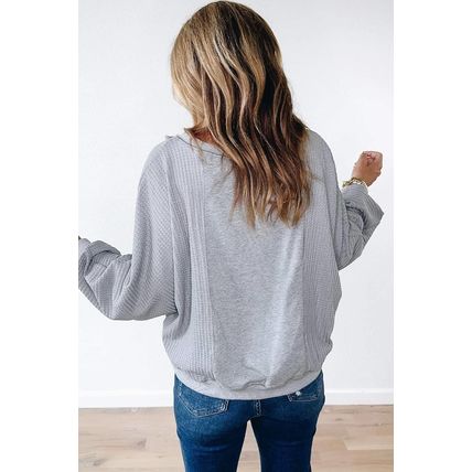 Light Grey Waffle Patchwork Long Sleeve Raw Hem Pullover Top