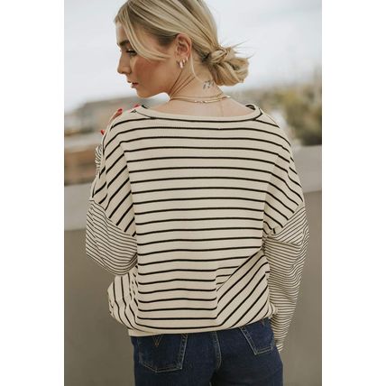 Black Striped Patchwork Loose Long Sleeve Tee