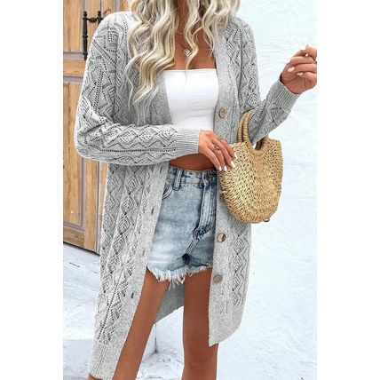 Gray Hollow Out Buttons Front Long Cardigan