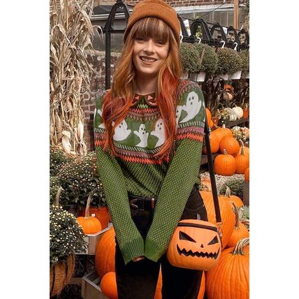 Jungle Green Halloween Ghost Pattern Drop Shoulder Sweater