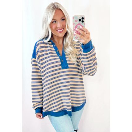 Blue Stripe Buttoned V Neck Collared Drop Shoulder Top