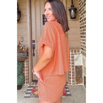 Pale Chestnut Textured Patched Pocket Short Sleeve Top Drawstring Shorts Set