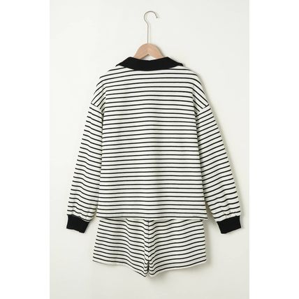 Black Stripe Collared Long Sleeve Top and Drawstring Shorts Set