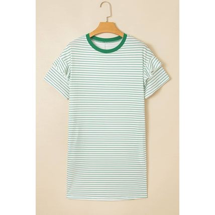 Green Stripe Ruffled Short Sleeve Crew Neck T Shirt Shift Mini Dress