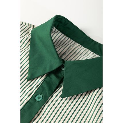Green Patch Pockets Button Down Short Puff Sleeve Dress