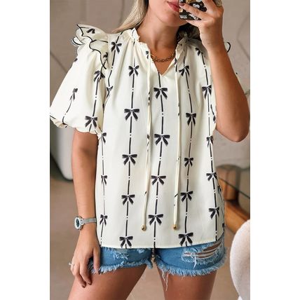 Beige Bow Printed Ruffled Bubble Sleeve Tied Notched V Neck Blouse