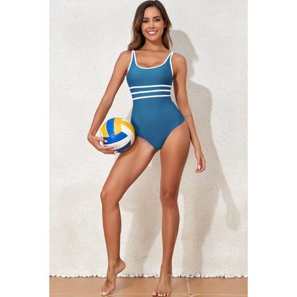 Dark Blue Contrast Trim Colorblock U Neck One Piece Swimwear