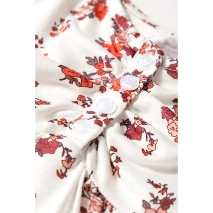 White Boho Floral Ruched Cinched Short Sleeve Blouse