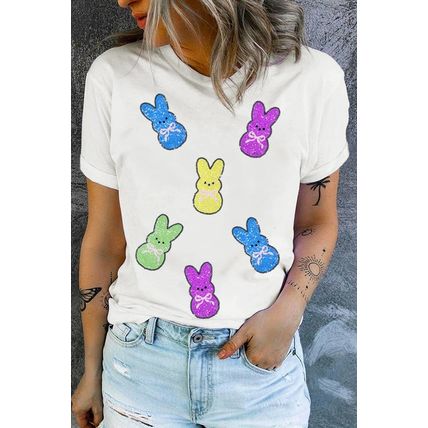White Sequin Bow Bunny Doll Patched Easter Graphic Tee