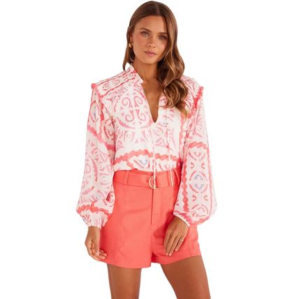 Desert Flower Vintage Print Smocked Poet Collar Billowy Blouson Sleeves Blouse