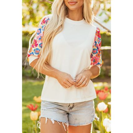 Beige Floral Puff Sleeve Patchwork Round Neck Top