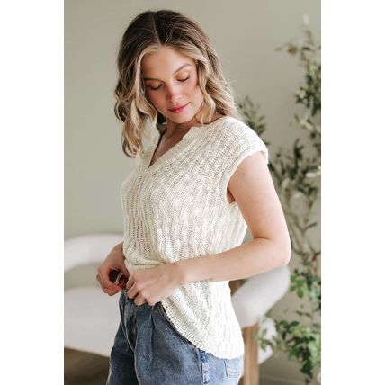 Beige Notched V Neck Short Sleeve Sweater