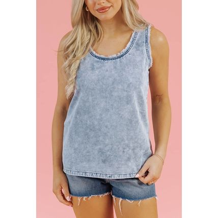 Beau Blue Mineral Wash Denim Frayed U Neck Sleeveless Top