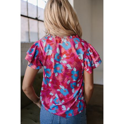 Rose Red Ruffled Sleeve Floral Blouse