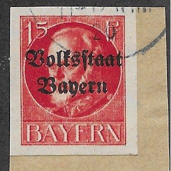 GER (BAVARIA) 1919 15pf KING LUDWIG III' (OVPT)(IMPERFED) FINE USED(EBID65-452)