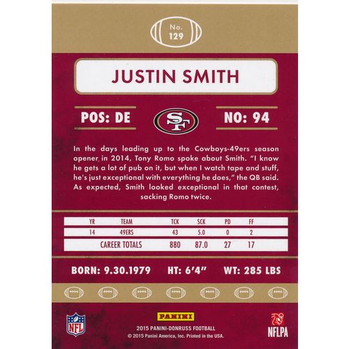 2015 Donruss Football Career Stat Line 129 Justin Smith San Francisco 49ers
