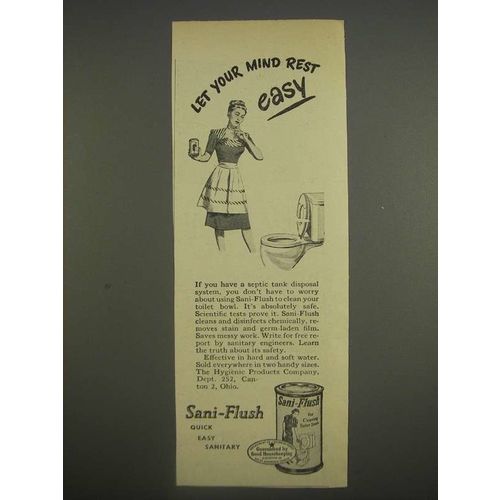 1947 Sani-Flush Toilet Cleaner Ad - Let your mind rest easy