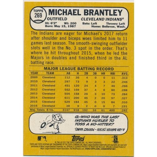 2017 Topps Heritage Baseball 269 Michael Brantley Cleveland Indians