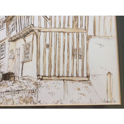 Kersey Cottages Original Pen & Watercolour Painting By Jean G. Mounted & Framed