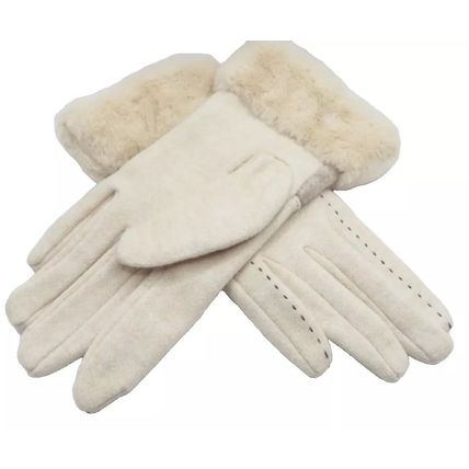 Ladies Gloves Cream Stitch Design Faux Fur Edging Clothing Accessory 23.5 CM