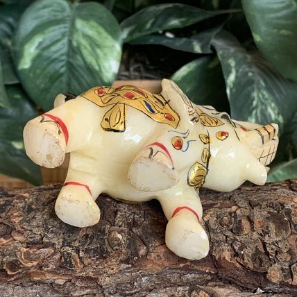 Marble Elephant Statue Trunk Up Hand Painted Indian Art home Decor Sculpture 3"