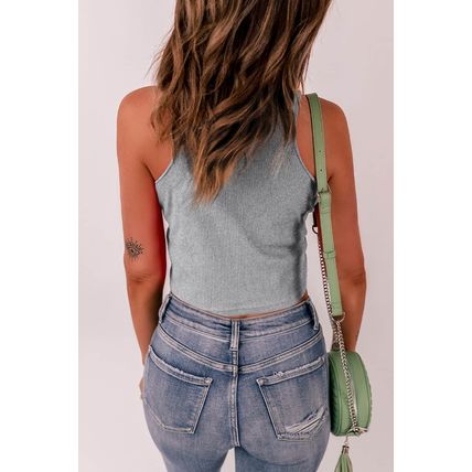 Gray Rib Knit Crew Neck Sleeveless Crop Top