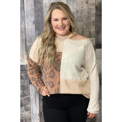 Multicolor Leopard Cable Knit Mix Patchwork Cutout Plus Top