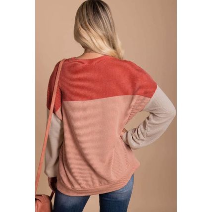 Red Color Block Long Sleeve Ribbed Loose Top