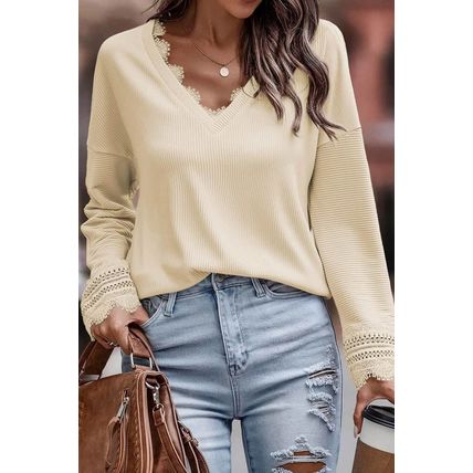 Apricot Ribbed Texture Lace Trim V Neck Long Sleeve Top